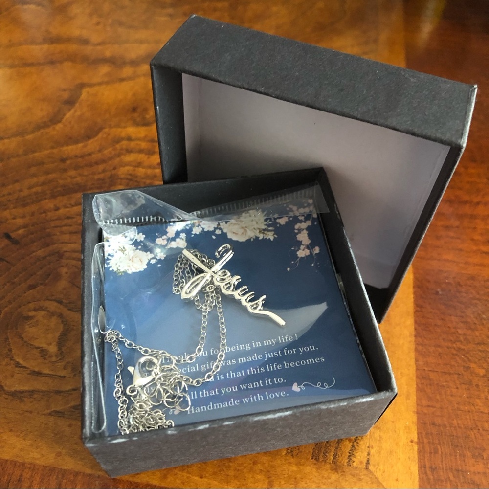 Religious Jesus shiny silver plated necklace gift box blessing card